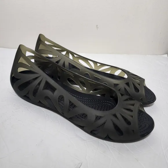 Crocs Women’s Adrina III Jelly Sz 11 Olive Peep Toe Slip On Flat Comfort Shoes