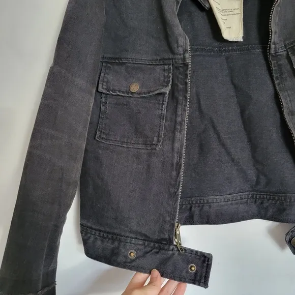 Current/Elliott Distressed The Moto Jacket Denim Jean Ash Washed Out Black Sz 0