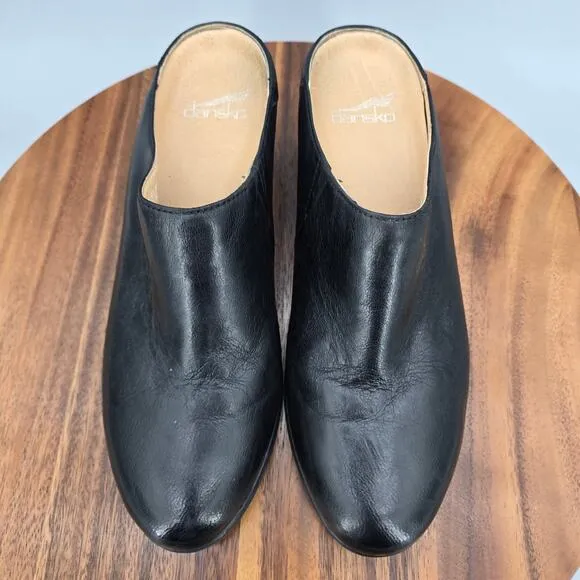 Dansko Shoes Women's 9.5 40 Black Leather Carrie Block Heel Slip On Mule Clogs