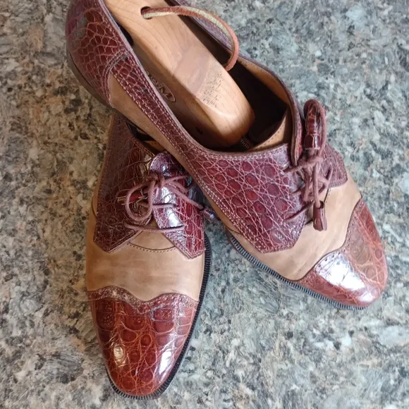 David Eden Men's Brown Two-Tone Alligator Dress Laceup Shoes Size 9.5