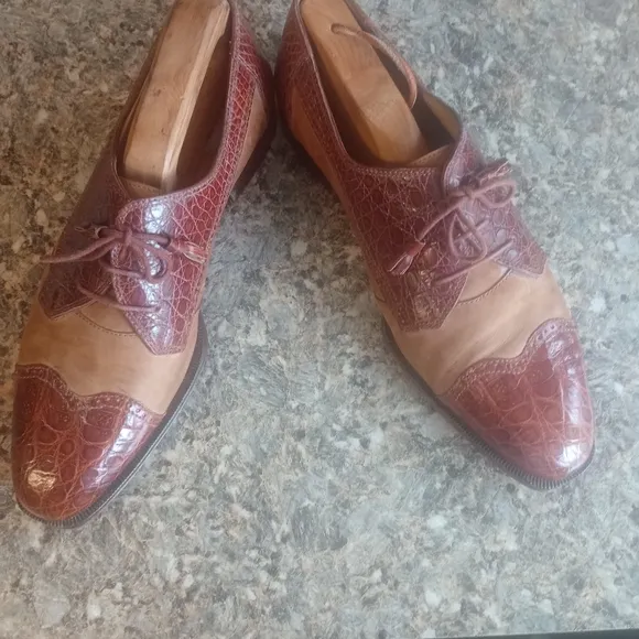 David Eden Men's Brown Two-Tone Alligator Dress Laceup Shoes Size 9.5