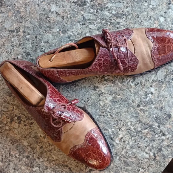 David Eden Men's Brown Two-Tone Alligator Dress Laceup Shoes Size 9.5