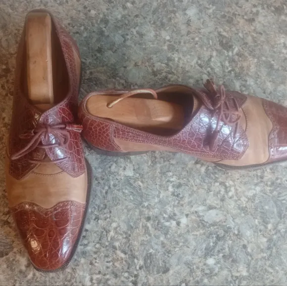 David Eden Men's Brown Two-Tone Alligator Dress Laceup Shoes Size 9.5