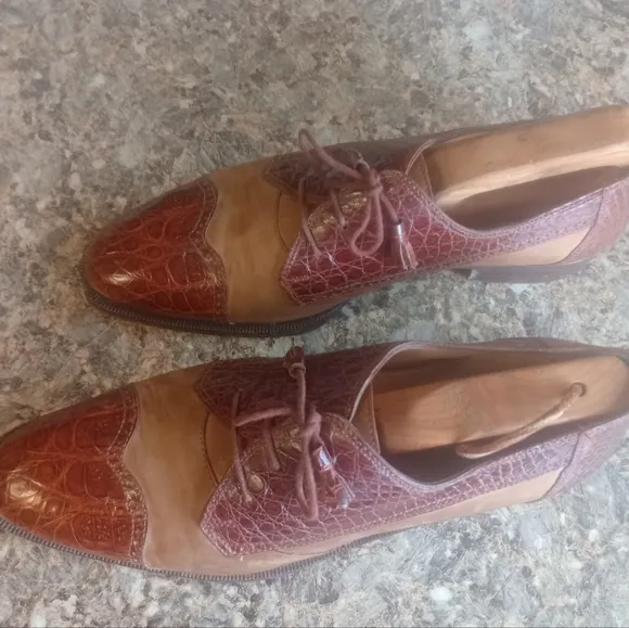 David Eden Men's Brown Two-Tone Alligator Dress Laceup Shoes Size 9.5