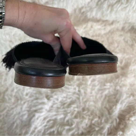 Designer Zyne Fringe Slip On Leather Shoes Flats Mules Black Sz 39 or 8