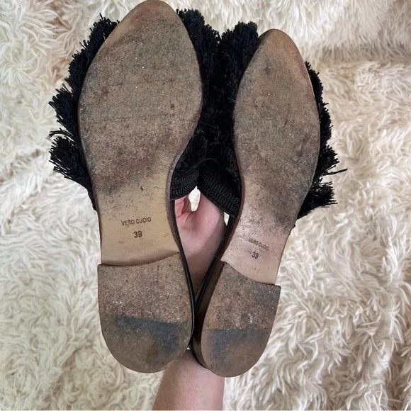 Designer Zyne Fringe Slip On Leather Shoes Flats Mules Black Sz 39 or 8