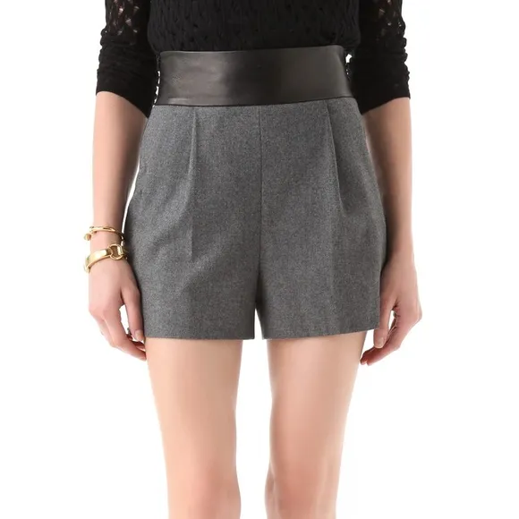 Diane von Furstenberg High Waist Zippered Leather and Wool Shorts