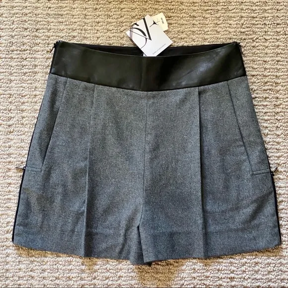 Diane von Furstenberg High Waist Zippered Leather and Wool Shorts