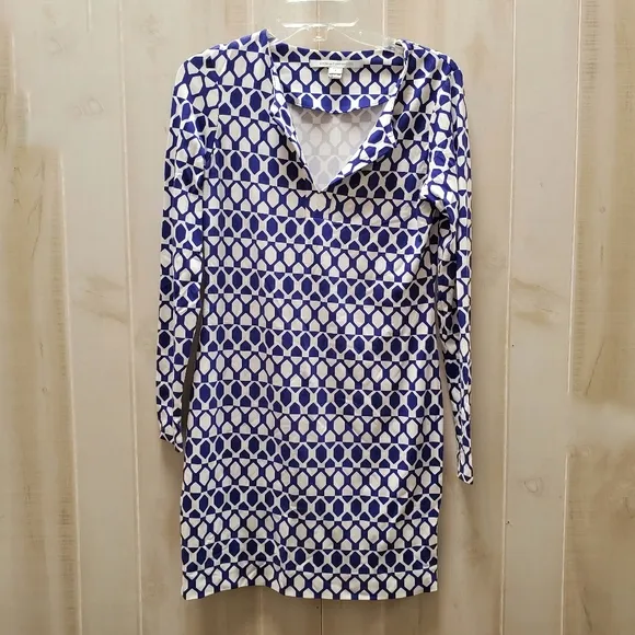 Diane VonFurstenberg Retro Printed Mini Dress EUC &quot;Reina&quot; Blue &amp; White Geometric