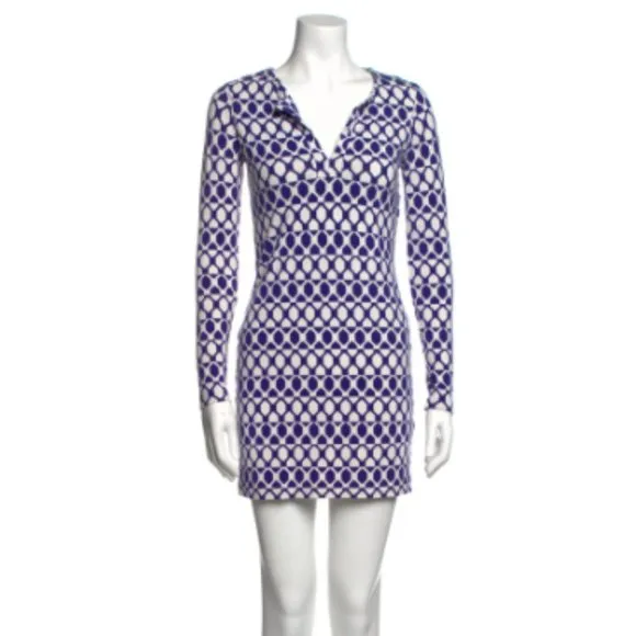 Diane VonFurstenberg Retro Printed Mini Dress EUC &quot;Reina&quot; Blue &amp; White Geometric
