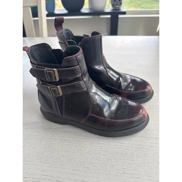 Doc Martens Flora Smooth Leather Buckle Chelsea Boots Dark Red Whimsigoth Goth