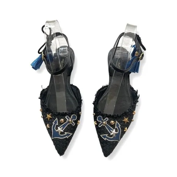 DOLCE &amp; GABBANA Flat Studded Anchor Slingback Shoes size 37.5