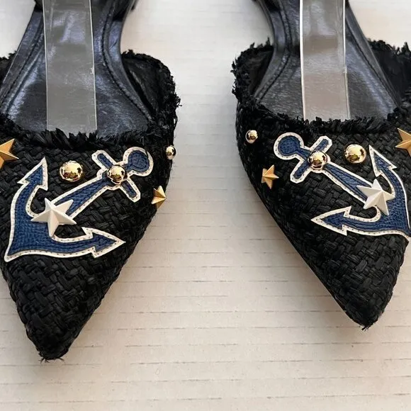 DOLCE &amp; GABBANA Flat Studded Anchor Slingback Shoes size 37.5