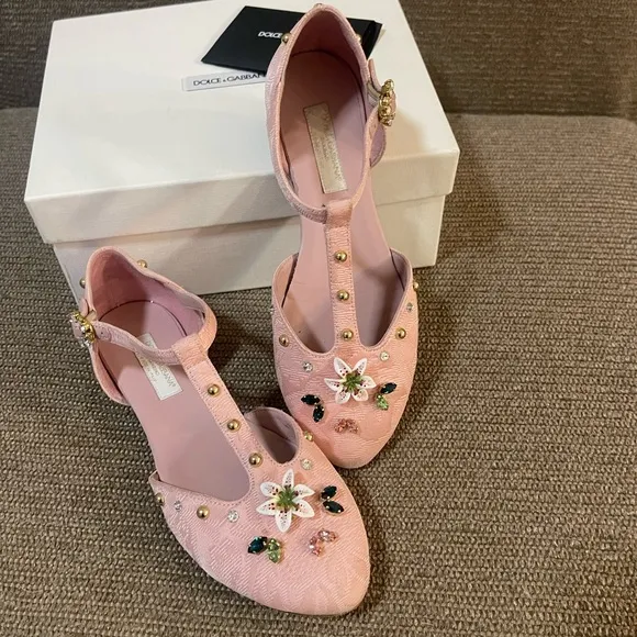 Dolce &amp; Gabbana Kids Shoes Pink Embellished  Ballerina Flat Eu 31