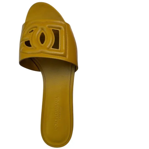 Dolce &amp; Gabbana Leather Logo Flat Slide Sandals Yellow Size 38 1/2 US 8