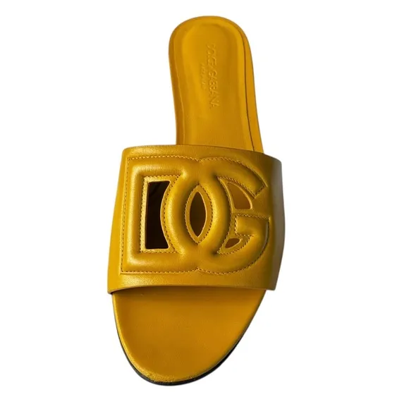 Dolce &amp; Gabbana Leather Logo Flat Slide Sandals Yellow Size 38 1/2 US 8