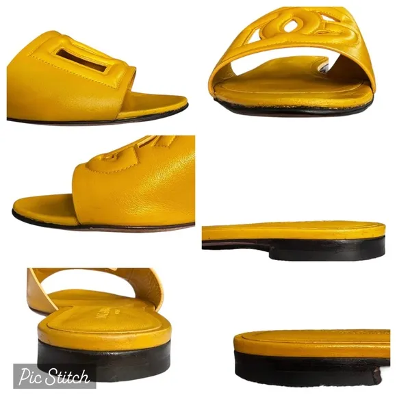 Dolce &amp; Gabbana Leather Logo Flat Slide Sandals Yellow Size 38 1/2 US 8