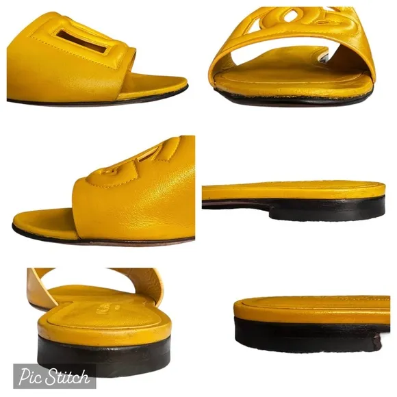 Dolce &amp; Gabbana Leather Logo Flat Slide Sandals Yellow Size 38 1/2 US 8