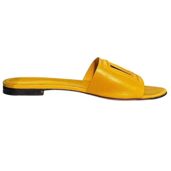 Dolce &amp; Gabbana Leather Logo Flat Slide Sandals Yellow Size 38 1/2 US 8