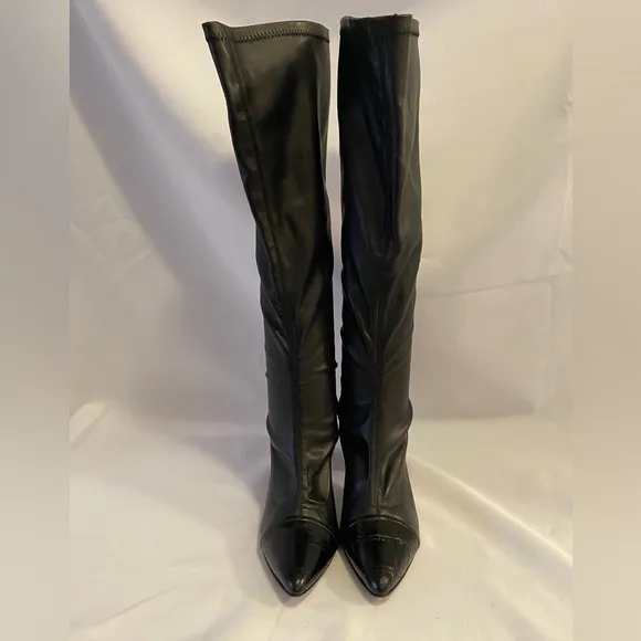 Donald J Pliner Benne Tall Leather Acrylic Heel Boots Black Zip Size 5.5
