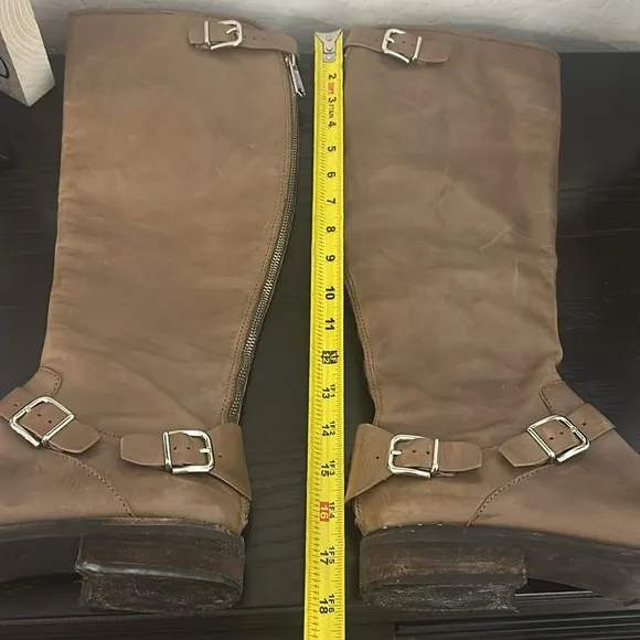 DONALD J PLINER Vive Calfskin Leather Tan Silver Buckle Zipper Tall Boots Sz 8.5