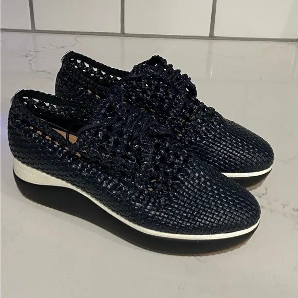 DONALD PLINER Unique Navy Blue Lillo Shoes Lace-up Platform Cork 7.5 NEW