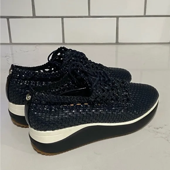 DONALD PLINER Unique Navy Blue Lillo Shoes Lace-up Platform Cork 7.5 NEW