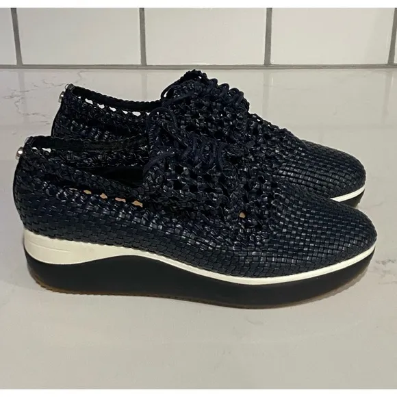 DONALD PLINER Unique Navy Blue Lillo Shoes Lace-up Platform Cork 7.5 NEW