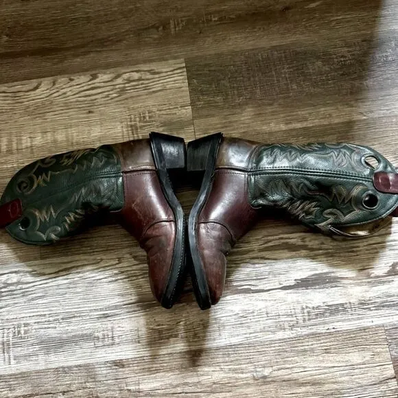 Double-H Brown &amp; Green Leather Western Work Boots Size 9.5