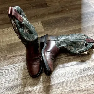 Double-H Brown &amp; Green Leather Western Work Boots Size 9.5
