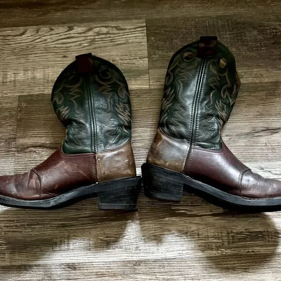 Double-H Brown &amp; Green Leather Western Work Boots Size 9.5