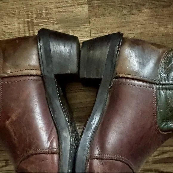 Double-H Brown &amp; Green Leather Western Work Boots Size 9.5