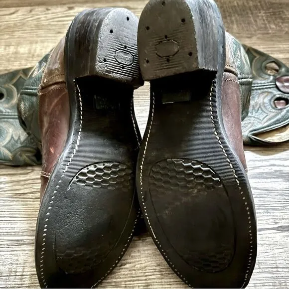 Double-H Brown &amp; Green Leather Western Work Boots Size 9.5