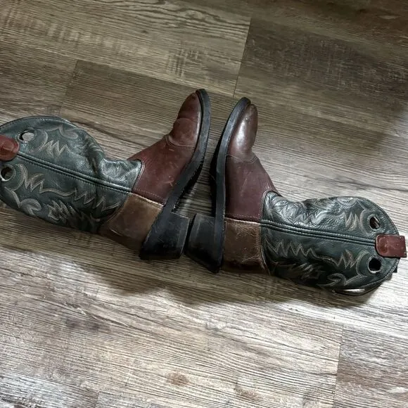 Double-H Brown &amp; Green Leather Western Work Boots Size 9.5