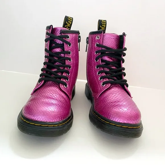 DR. MARTENS 1460 PINK REPTILE EMBOSSED LACE UP ANKLE BOOTS
