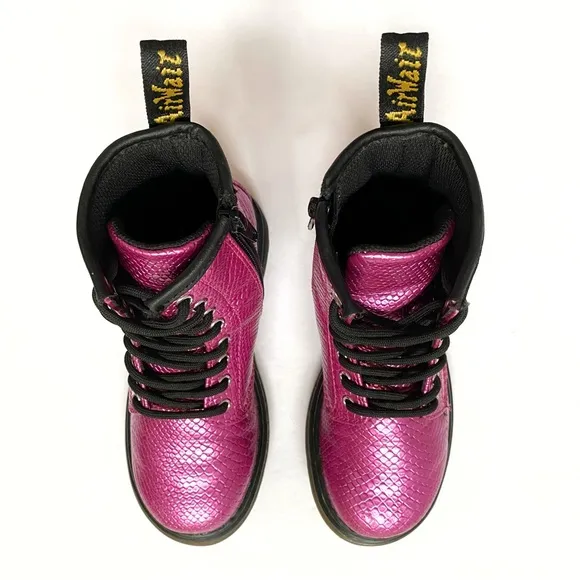 DR. MARTENS 1460 PINK REPTILE EMBOSSED LACE UP ANKLE BOOTS