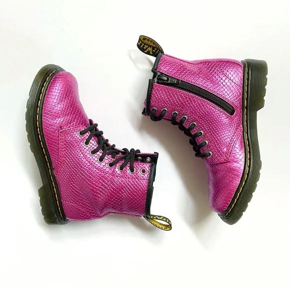 DR. MARTENS 1460 PINK REPTILE EMBOSSED LACE UP ANKLE BOOTS