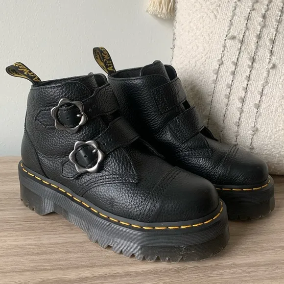 Dr. Martens Devon Flower Buckle Platform Ankle Boots Womens Size 7 EU 38