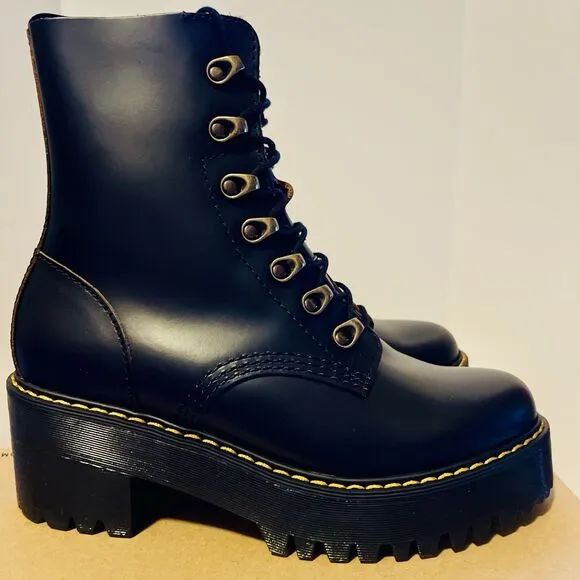 Dr Martens Leona Women's 7 Black Boots Vintage Smooth Leather Lug Platform Heels