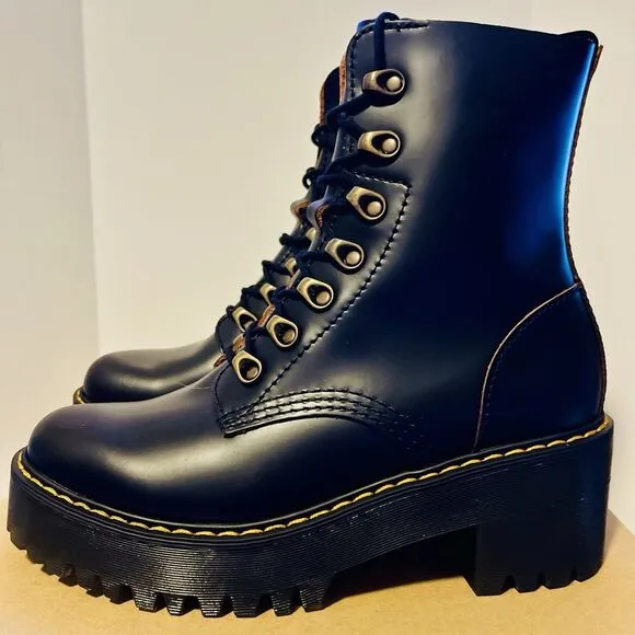 Dr Martens Leona Women's 7 Black Boots Vintage Smooth Leather Lug Platform Heels