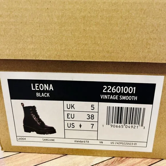 Dr Martens Leona Women's 7 Black Boots Vintage Smooth Leather Lug Platform Heels