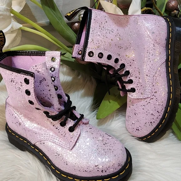 Dr Martens Lilac — Metallic Paint Splatter Suede Dr Marten lace up boots size6