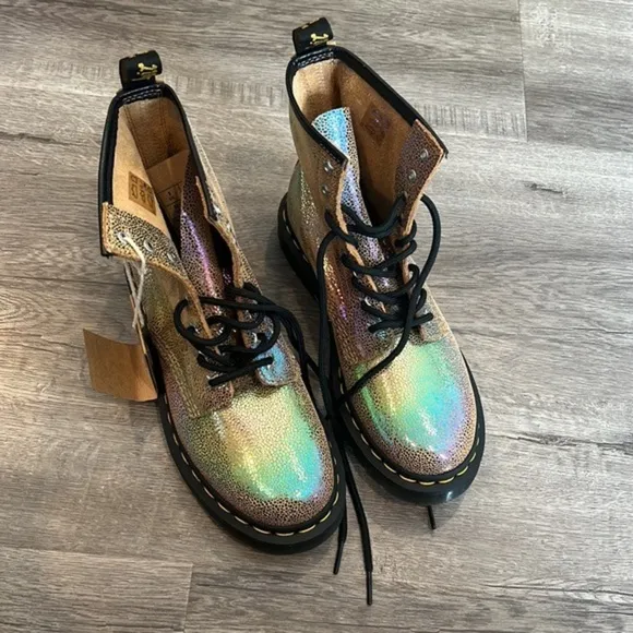 Dr. Martens Rainbow Foil Iridescent Metallic Pebbled Ankle Lace up Combat Boots