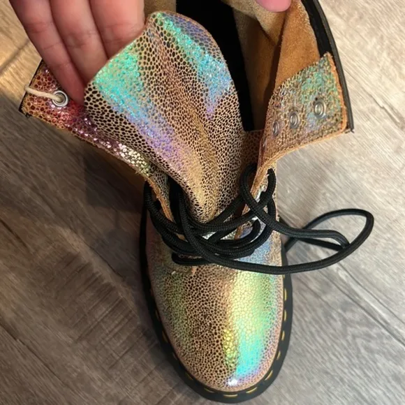 Dr. Martens Rainbow Foil Iridescent Metallic Pebbled Ankle Lace up Combat Boots