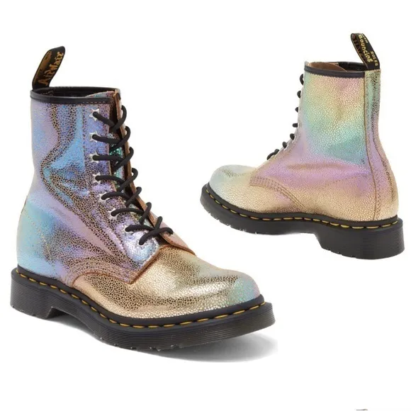Dr. Martens Rainbow Foil Iridescent Metallic Pebbled Ankle Lace up Combat Boots