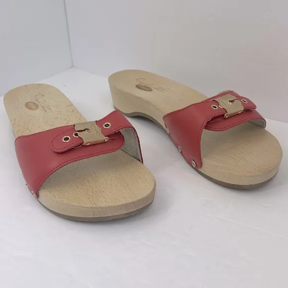 Dr Scholl’s ORIGINAL COLLECTION, RED, ADJUSTABLE TOP STRAP, WOODEN SOLE, SIZE 11