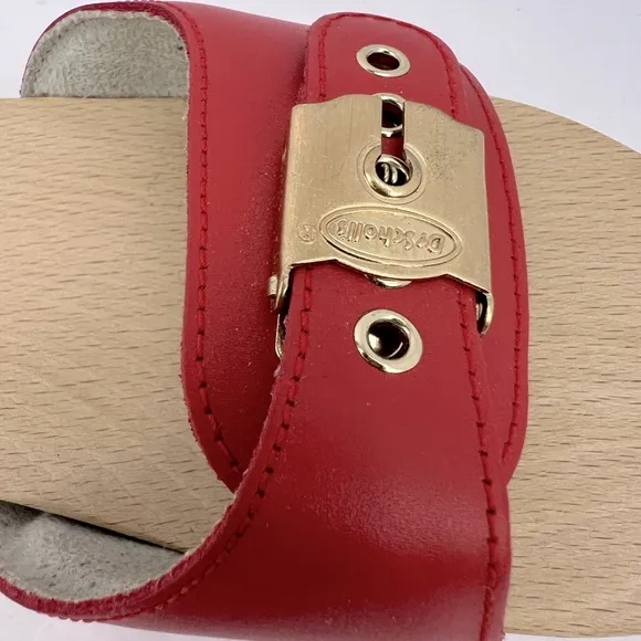 Dr Scholl’s ORIGINAL COLLECTION, RED, ADJUSTABLE TOP STRAP, WOODEN SOLE, SIZE 11