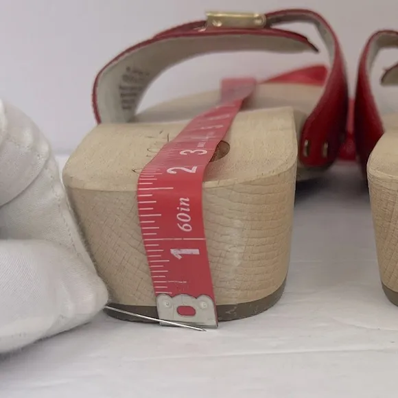 Dr Scholl’s ORIGINAL COLLECTION, RED, ADJUSTABLE TOP STRAP, WOODEN SOLE, SIZE 11