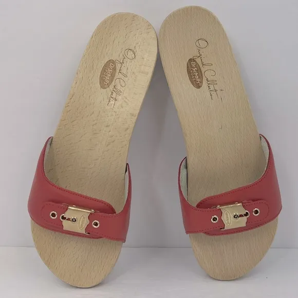 Dr Scholl’s ORIGINAL COLLECTION, RED, ADJUSTABLE TOP STRAP, WOODEN SOLE, SIZE 11