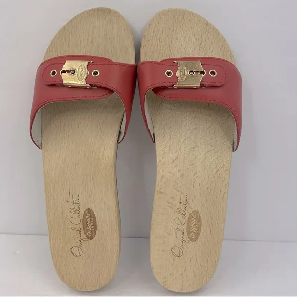 Dr Scholl’s ORIGINAL COLLECTION, RED, ADJUSTABLE TOP STRAP, WOODEN SOLE, SIZE 11